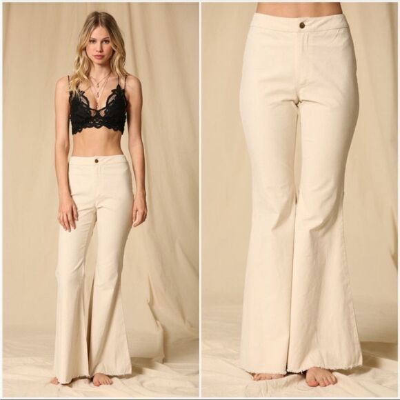 Ivory / Cream High Rise Super Flare Corduroy Bells with Raw Frayed Hem - Picture 1 of 9